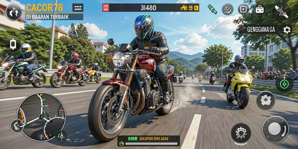 Tampilan utama gameplay <strong>CACOR78</strong> saat balapan motor di trek yang menantang.