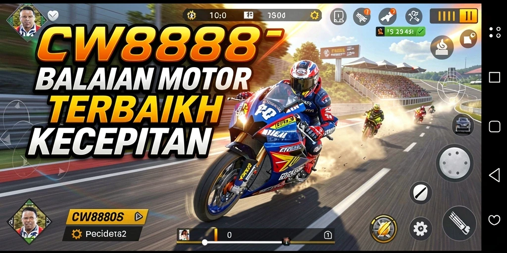 Screenshot gameplay <strong>CW8888</strong> saat balapan seru dengan motor cepat.