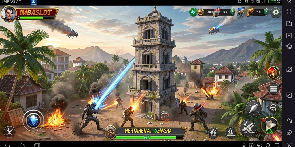 Tampilan gameplay IMBASLOT dengan aksi menara pertahanan yang mendebarkan.