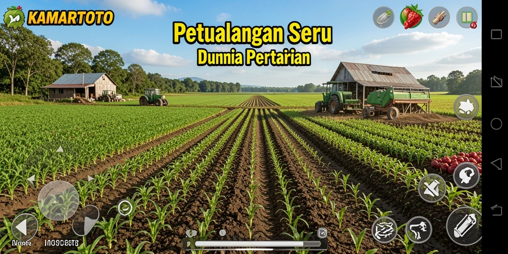 Tangkapan layar utama KAMARTOTO menampilkan suasana ladang yang indah dan aktivitas bertani.