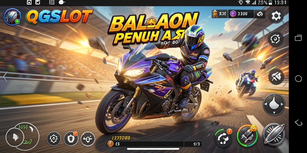 Tampilan gameplay QQSLOT dengan motor balap mengesankan.