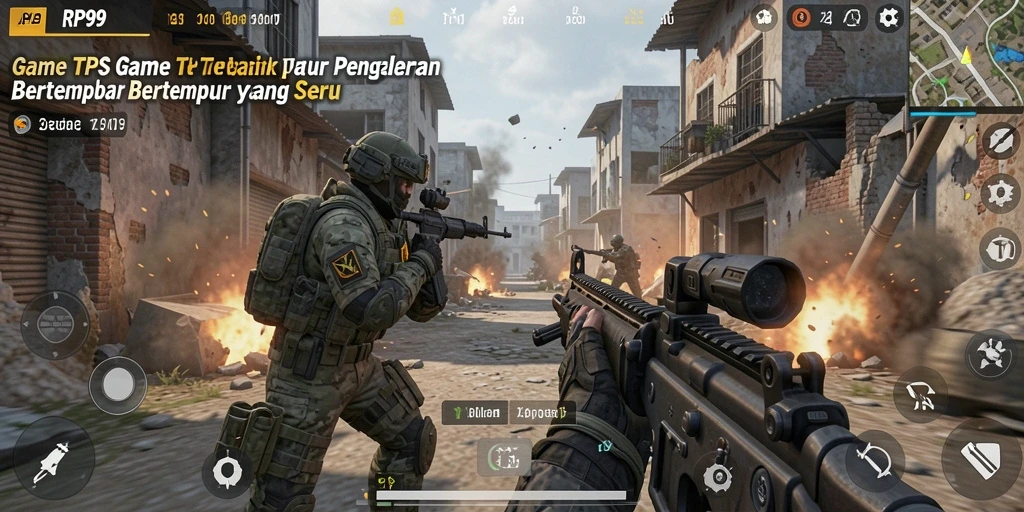 Screenshot gameplay RP99 menampilkan aksi seru dalam pertarungan TPS.